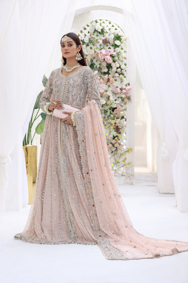 Long Sleeve Wedding Dress Pink Haute Couture Bridal Dress With Train
